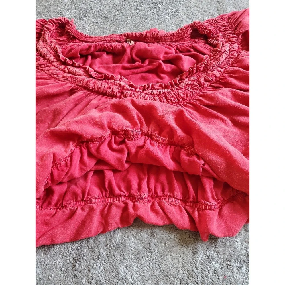 Free People Boho Red Eyelet Embroidered Off Shoulder Crop Top Bell Sleeve M